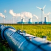 Wasserstoff-Pipeline mit Windturbinen im Hintergrund