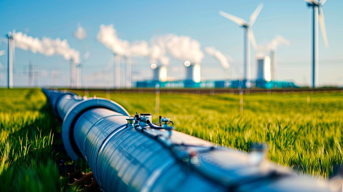 Wasserstoff-Pipeline mit Windturbinen im Hintergrund