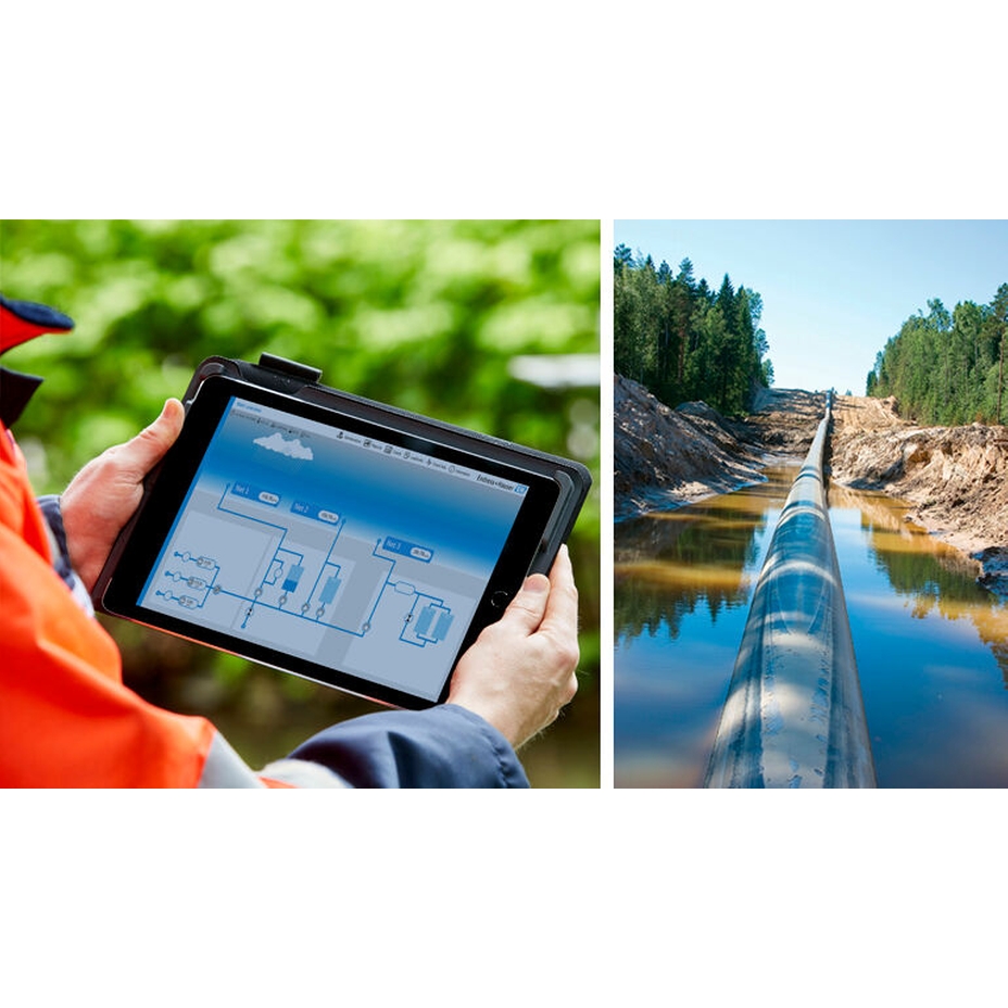 Bild von einem Dashboard in Netilion  Network Insights und einer Wasserleitung im Freien