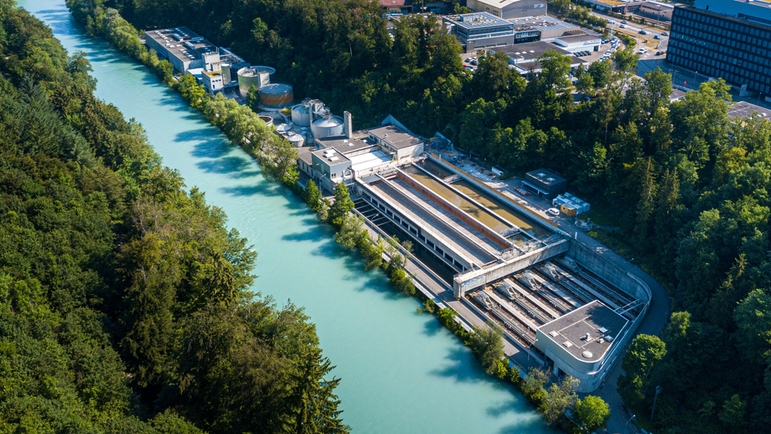 Aerial view of ARA Worblental, wastewater treatment plant  in Switzerland
